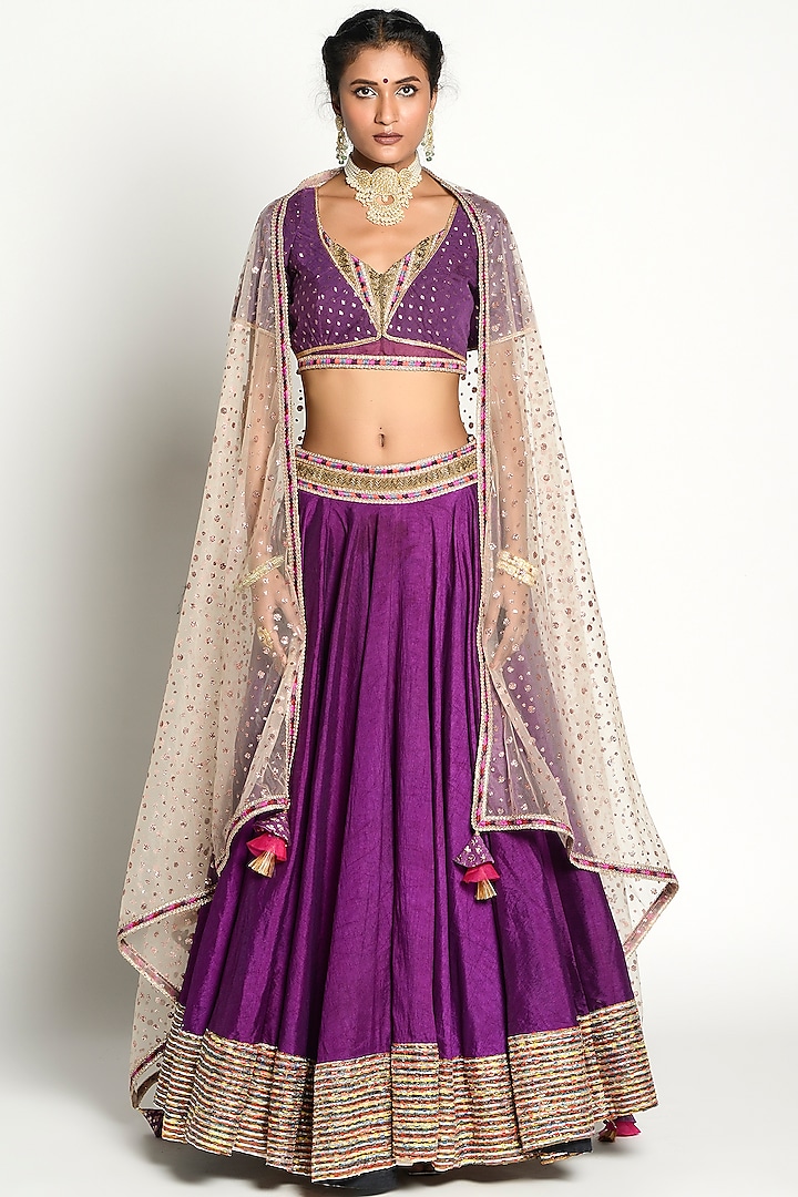 Cadmium Violet Embroidered Wedding Lehenga Set by Rishi & Vibhuti at Pernia's Pop Up Shop