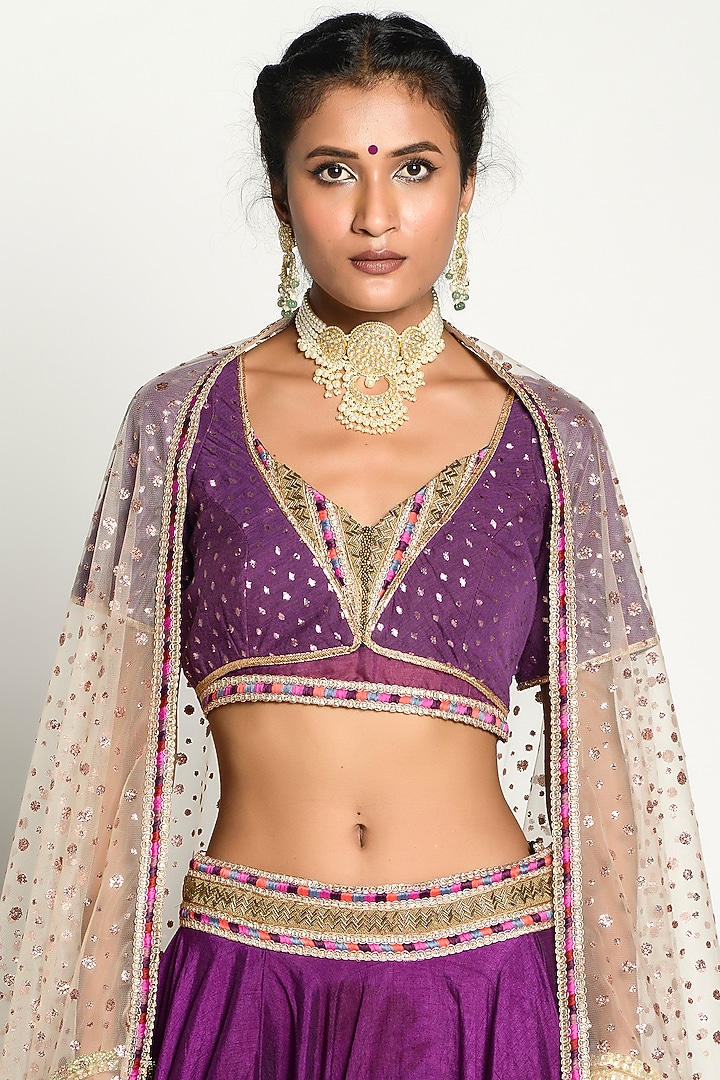 Cadmium Violet Embroidered Wedding Lehenga Set by Rishi & Vibhuti at Pernia's Pop Up Shop