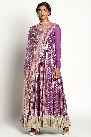 Dull Purple Embroidered Kalidar Anarkali Set by Rishi & Vibhuti