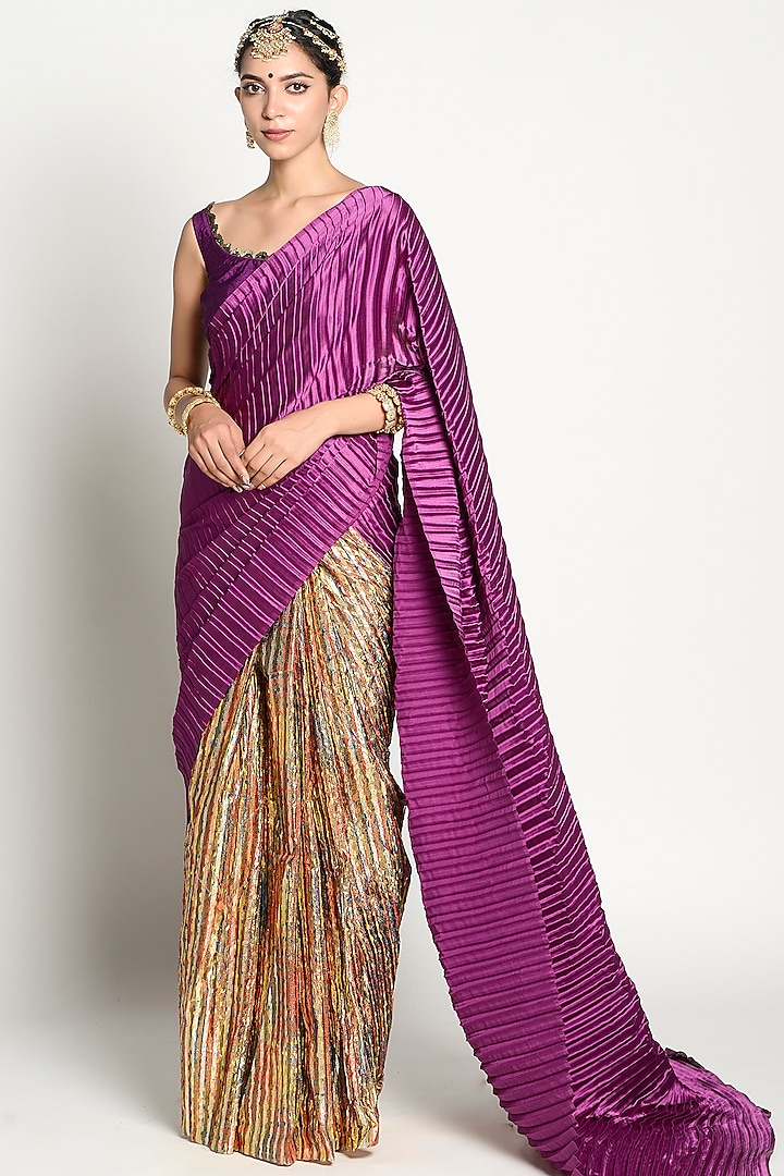 Cadmium Violet & Gold Silk Pleated Saree by Rishi & Vibhuti