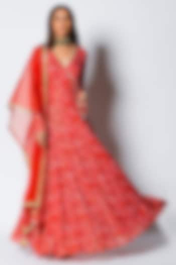 Paprika Red Printed Anarkali Set by Rishi & Vibhuti