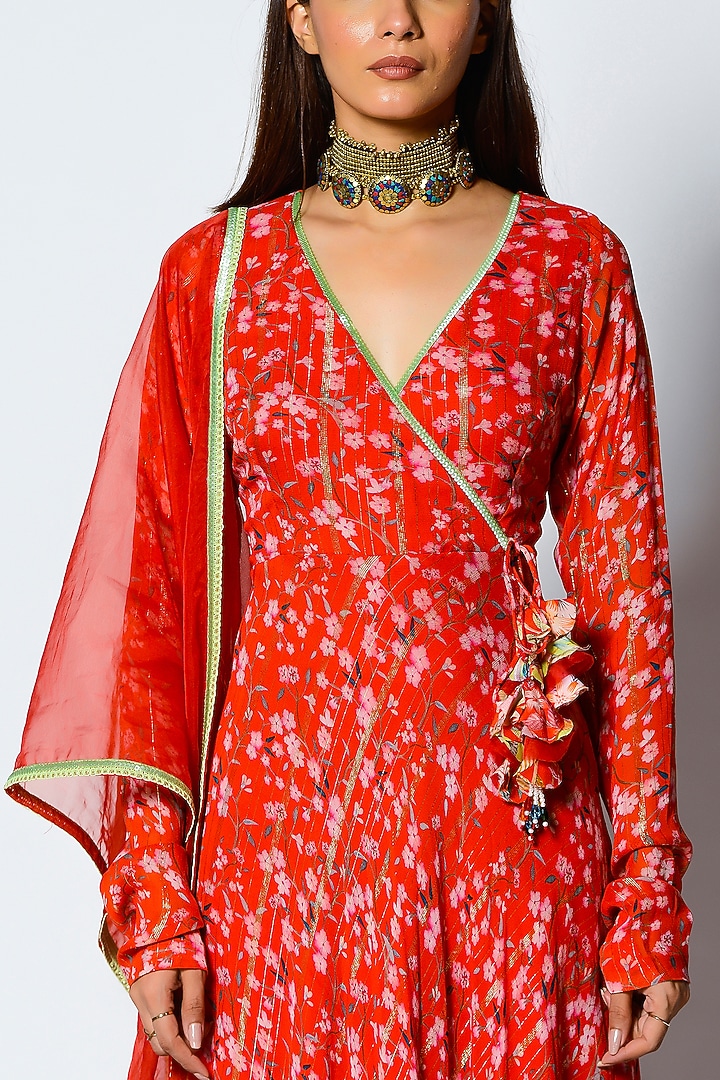 Paprika Red Printed Wedding Anarkali Set by Rishi & Vibhuti at Pernia's Pop Up Shop