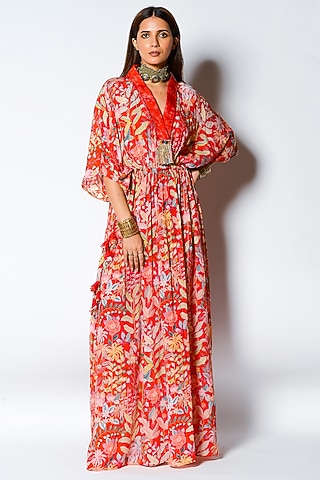 Paprika Red Crepe Printed Kaftan  by Rishi & Vibhuti