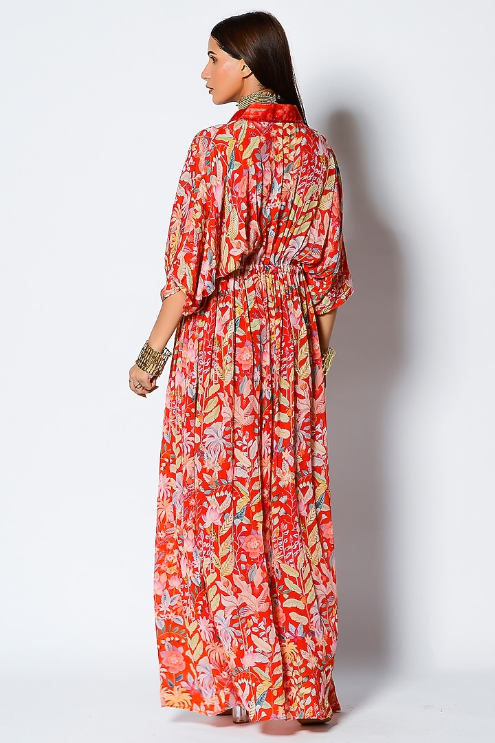 Paprika Red Crepe Printed Kaftan by Rishi & Vibhuti at Pernia's Pop Up Shop