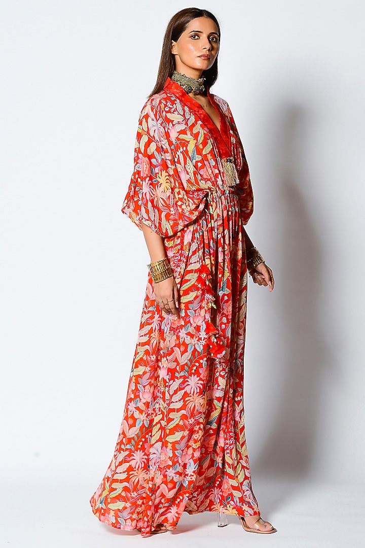 Paprika Red Crepe Printed Kaftan by Rishi & Vibhuti at Pernia's Pop Up Shop