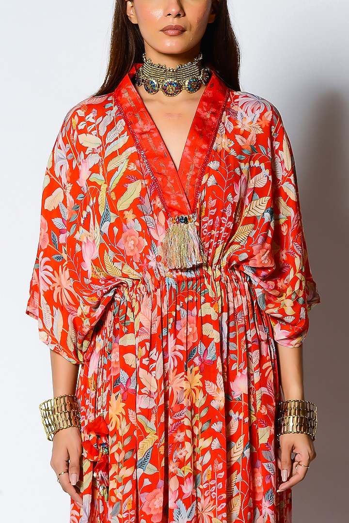 Paprika Red Crepe Printed Kaftan by Rishi & Vibhuti at Pernia's Pop Up Shop