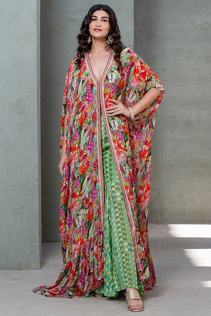 Multi-Colored Georgette & Crepe Printed Kaftan Set by Rishi & Vibhuti at Pernia's Pop Up Shop