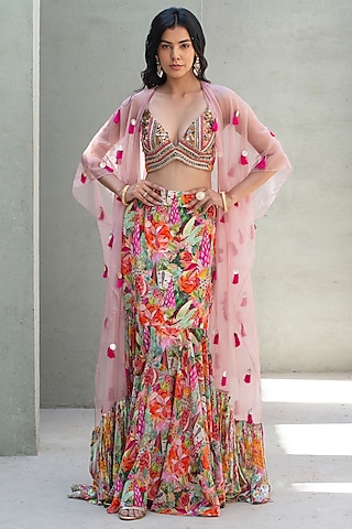 Multi-Colored Georgette & Crepe Printed Skirt Set by Rishi & Vibhuti