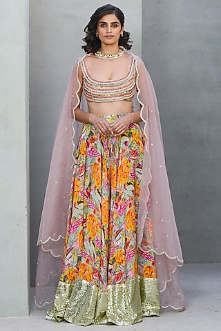 Multi-Colored Crepe Printed Lehenga Set by Rishi & Vibhuti