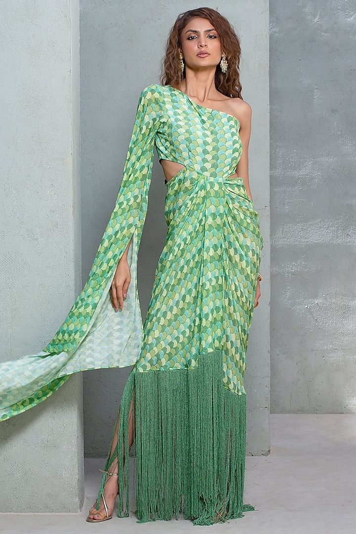 Green Crepe Printed Cut-Out Dress by Rishi & Vibhuti