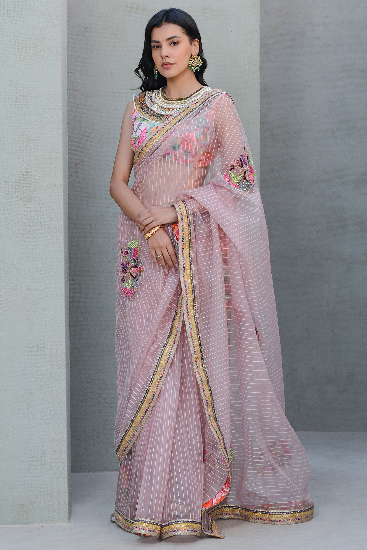 Buy Blush Pink Saree In Glass Tissue With 3D Floral Embroidery In Moti,  Sequin & Cut Dana KALKI Fashion India