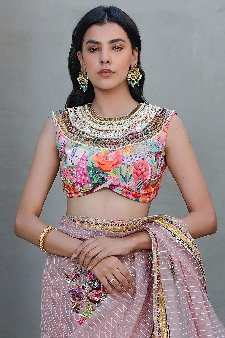 Blush Pink Organza & Crepe Hand Embroidered Wedding Saree by Rishi & Vibhuti at Pernia's Pop Up Shop