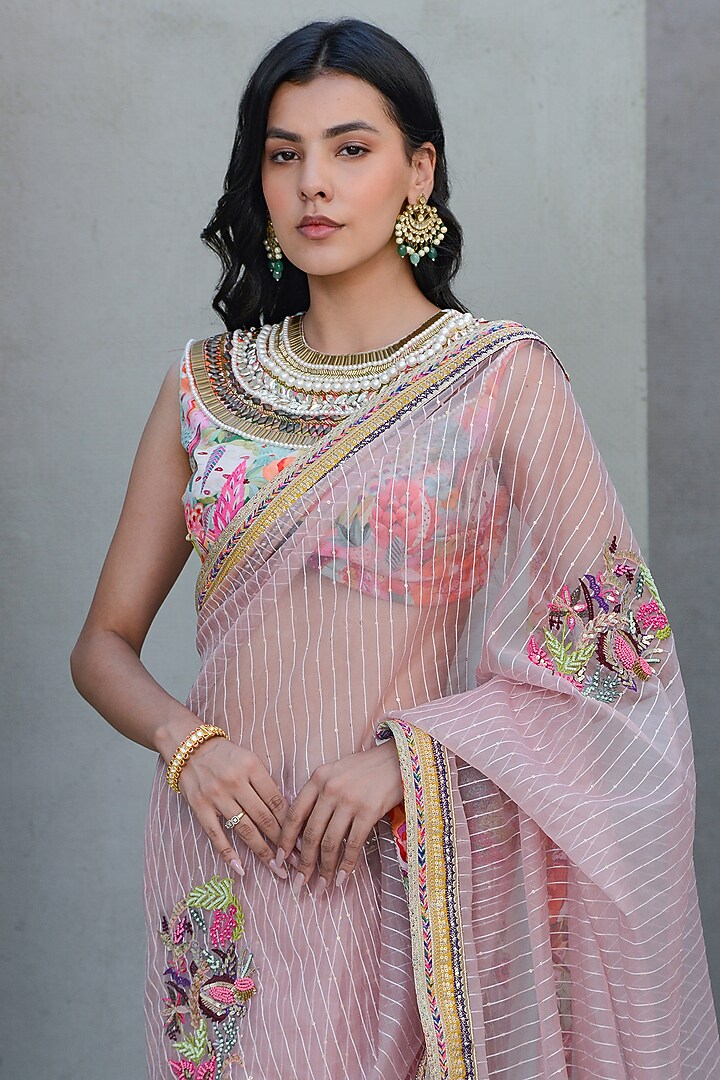 Blush Pink Organza & Crepe Hand Embroidered Wedding Saree by Rishi & Vibhuti at Pernia's Pop Up Shop