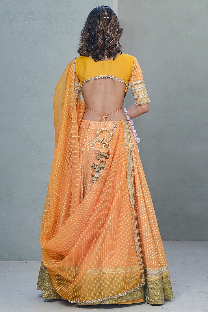Ochre Chanderi Hand Embroidered Wedding Lehenga Set by Rishi & Vibhuti at Pernia's Pop Up Shop