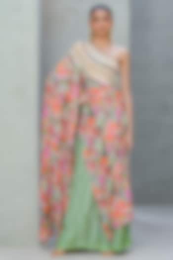 Multi-Colored Crepe Printed Draped Cape Set by Rishi & Vibhuti at Pernia's Pop Up Shop