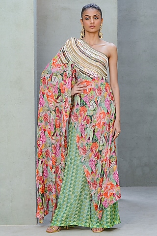 Multi-Colored Crepe Printed Draped Cape Set by Rishi & Vibhuti