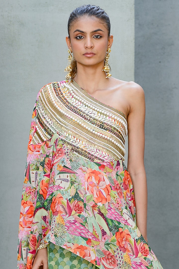 Multi-Colored Crepe Printed Draped Cape Set by Rishi & Vibhuti at Pernia's Pop Up Shop