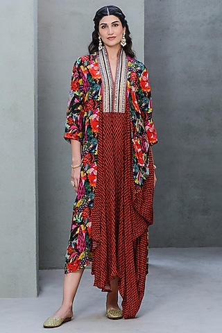 Black & Red Crepe Printed Kurta by Rishi & Vibhuti