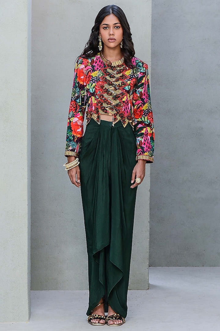 Black & Bottle Green Crepe Skirt Set by Rishi & Vibhuti at Pernia's Pop Up Shop