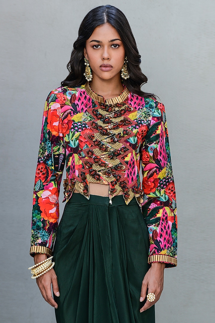 Black & Bottle Green Crepe Skirt Set by Rishi & Vibhuti at Pernia's Pop Up Shop