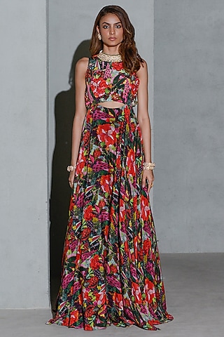 Black Crepe Printed Gown by Rishi & Vibhuti