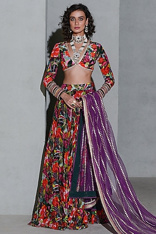 Black Crepe & Net Printed Lehenga Set by Rishi & Vibhuti
