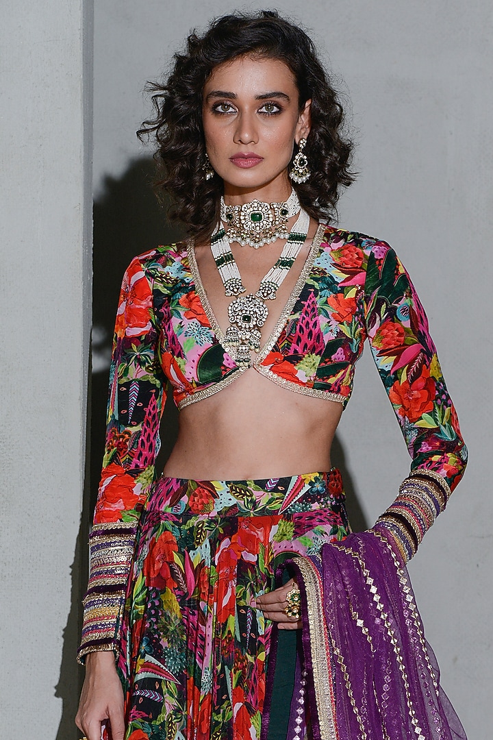 Black Crepe & Net Printed Wedding Lehenga Set by Rishi & Vibhuti at Pernia's Pop Up Shop