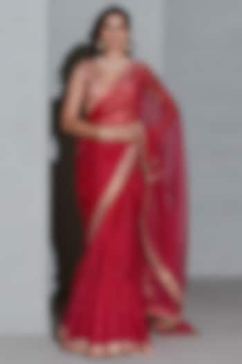 Crimson Red Crepe & Organza Thread Embroidered Wedding Saree Set by Rishi & Vibhuti at Pernia's Pop Up Shop