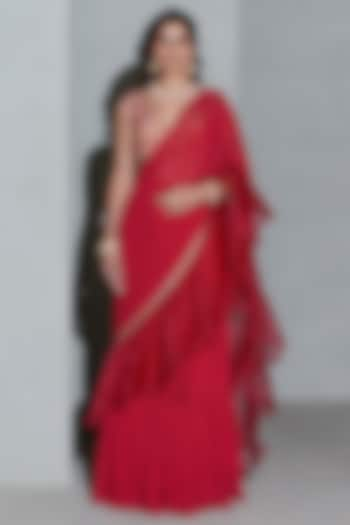 Crimson Red Georgette & Organza Lehenga Saree Set by Rishi & Vibhuti at Pernia's Pop Up Shop