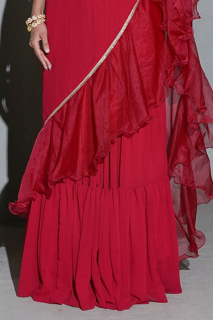 Crimson Red Georgette & Organza Wedding Lehenga Saree Set by Rishi & Vibhuti at Pernia's Pop Up Shop