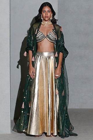 Bottle Green Organza & Vegan Leather Cape Set by Rishi & Vibhuti