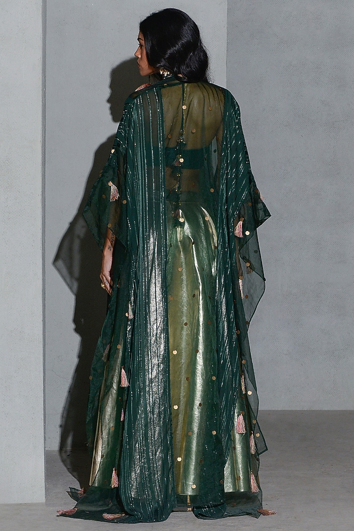 Bottle Green Organza & Vegan Leather Cape Set by Rishi & Vibhuti at Pernia's Pop Up Shop