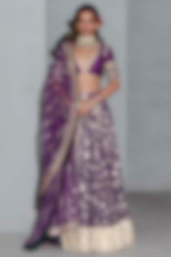 Purple Raw Silk & Georgette Floral Motifs Embroidered Wedding Lehenga Set by Rishi & Vibhuti at Pernia's Pop Up Shop