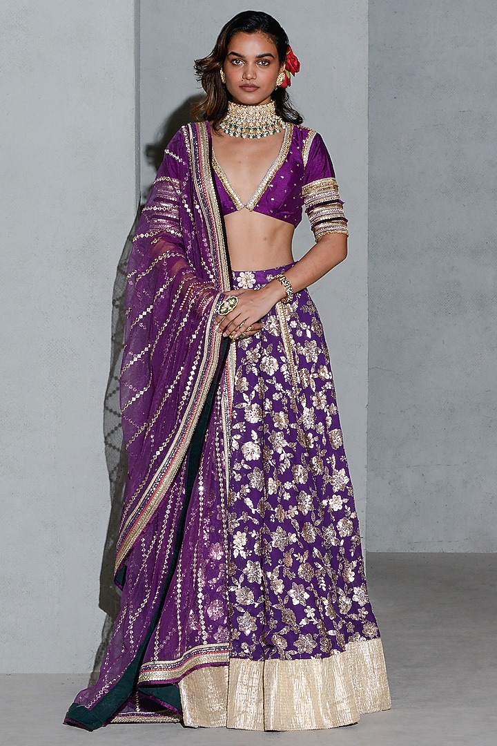 Purple Raw Silk & Georgette Floral Motifs Embroidered Wedding Lehenga Set by Rishi & Vibhuti at Pernia's Pop Up Shop