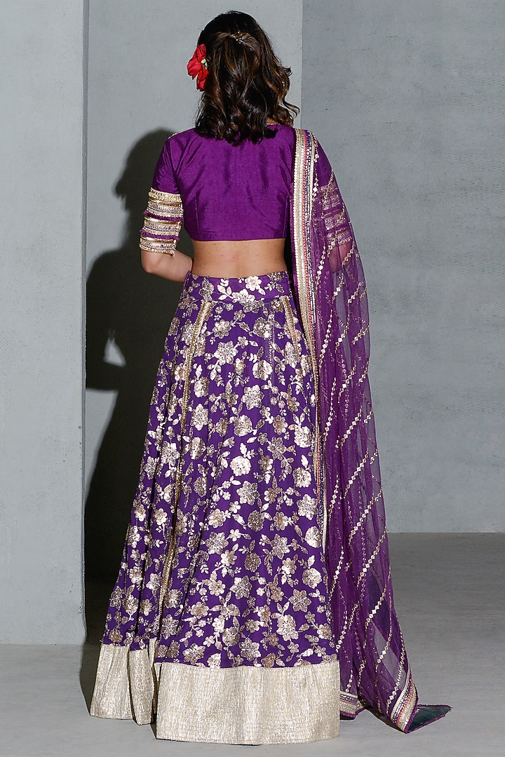 Purple Raw Silk & Georgette Floral Motifs Embroidered Wedding Lehenga Set by Rishi & Vibhuti at Pernia's Pop Up Shop