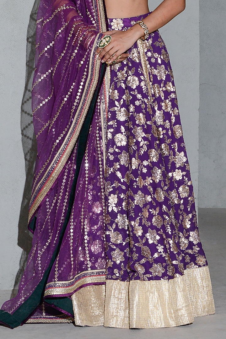 Purple Raw Silk & Georgette Floral Motifs Embroidered Wedding Lehenga Set by Rishi & Vibhuti at Pernia's Pop Up Shop