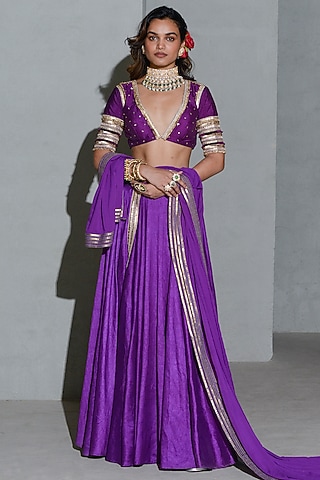 Purple Raw Silk & Net Lehenga Set by Rishi & Vibhuti
