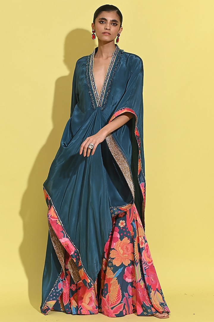 Cyan Blue Crepe Kaftan Set by Rishi & Vibhuti at Pernia's Pop Up Shop