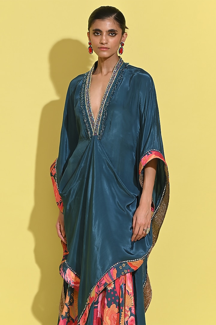 Cyan Blue Crepe Kaftan Set by Rishi & Vibhuti at Pernia's Pop Up Shop