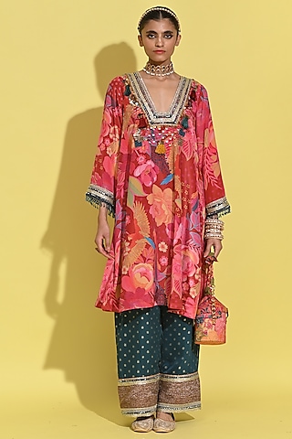 Crimson Red Crepe & Georgette Hand Embroidered Kurta Set by Rishi & Vibhuti