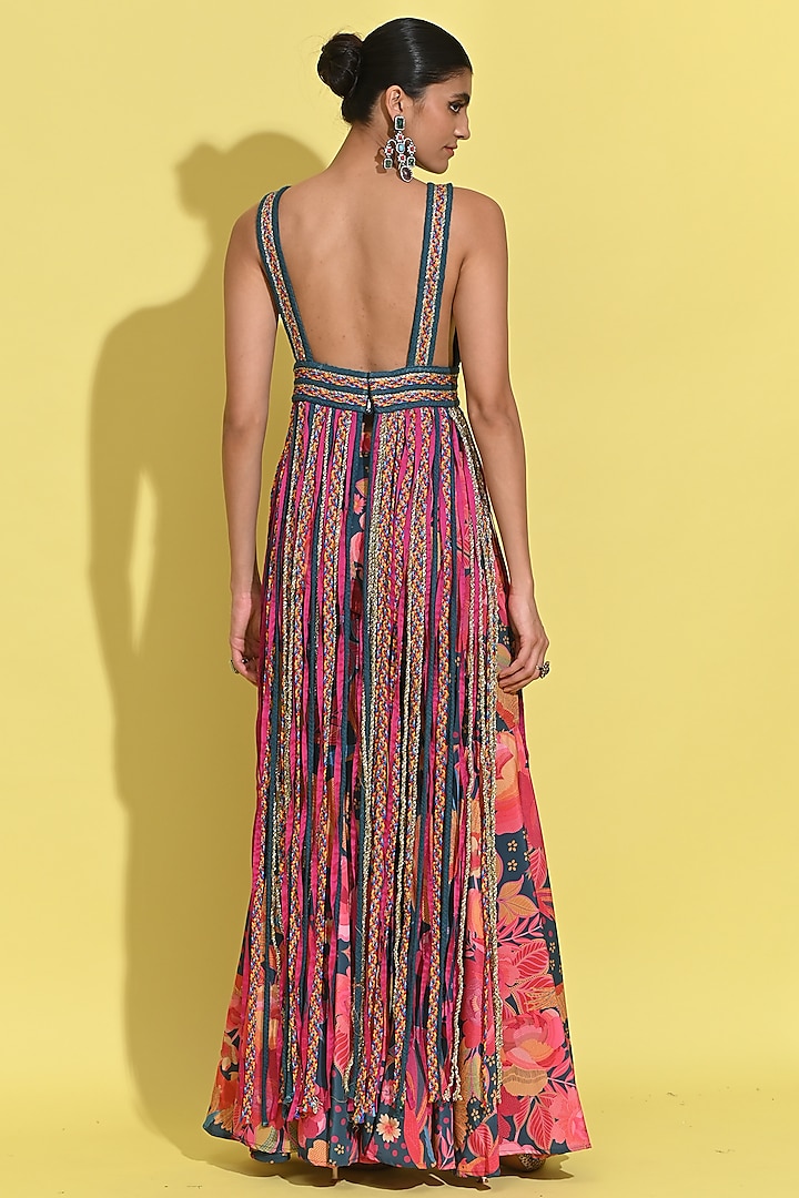 Cyan Blue & Pink Crepe Dress With Pants by Rishi & Vibhuti at Pernia's Pop Up Shop