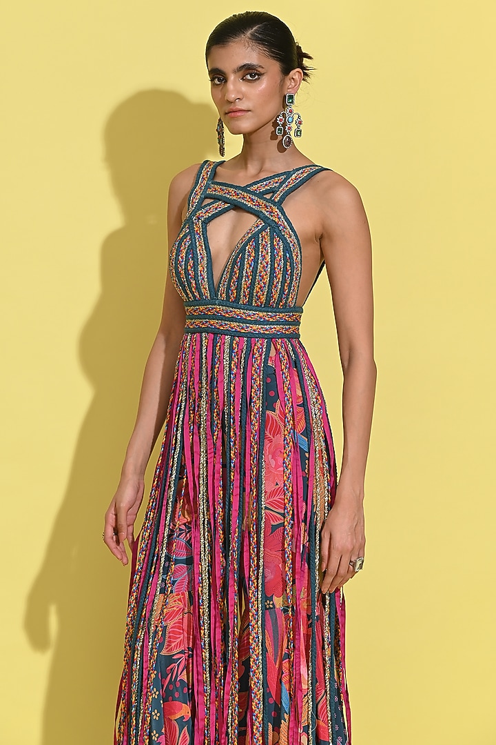 Cyan Blue & Pink Crepe Dress With Pants by Rishi & Vibhuti at Pernia's Pop Up Shop