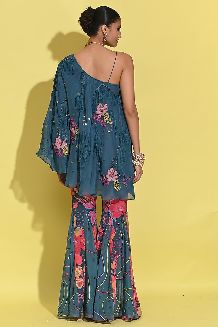 Cyan Blue Crepe & Organza Cape Set by Rishi & Vibhuti at Pernia's Pop Up Shop