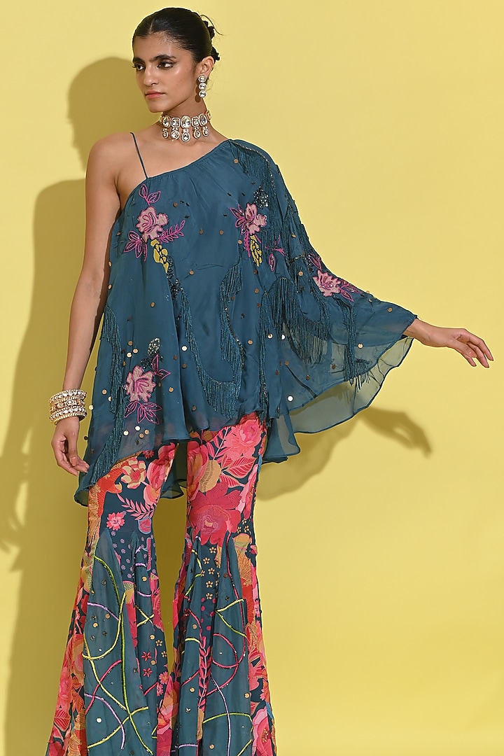 Cyan Blue Crepe & Organza Cape Set by Rishi & Vibhuti at Pernia's Pop Up Shop