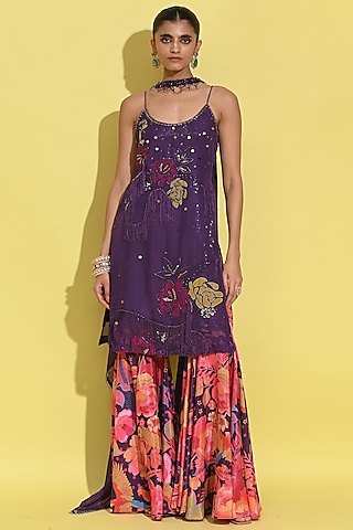 Purple Crepe & Organza Sharara Set by Rishi & Vibhuti