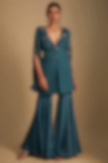 Cyan Blue Linen Jute Crystal Embroidered Jacket Set by Rishi & Vibhuti at Pernia's Pop Up Shop