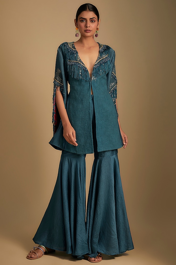 Cyan Blue Linen Jute Crystal Embroidered Jacket Set by Rishi & Vibhuti at Pernia's Pop Up Shop
