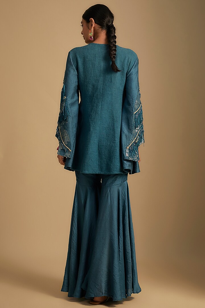 Cyan Blue Linen Jute Crystal Embroidered Jacket Set by Rishi & Vibhuti at Pernia's Pop Up Shop