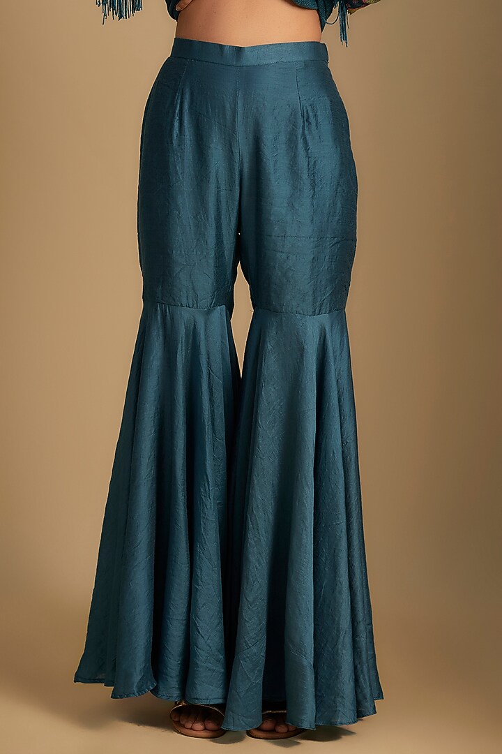 Cyan Blue Linen Jute Crystal Embroidered Jacket Set by Rishi & Vibhuti at Pernia's Pop Up Shop