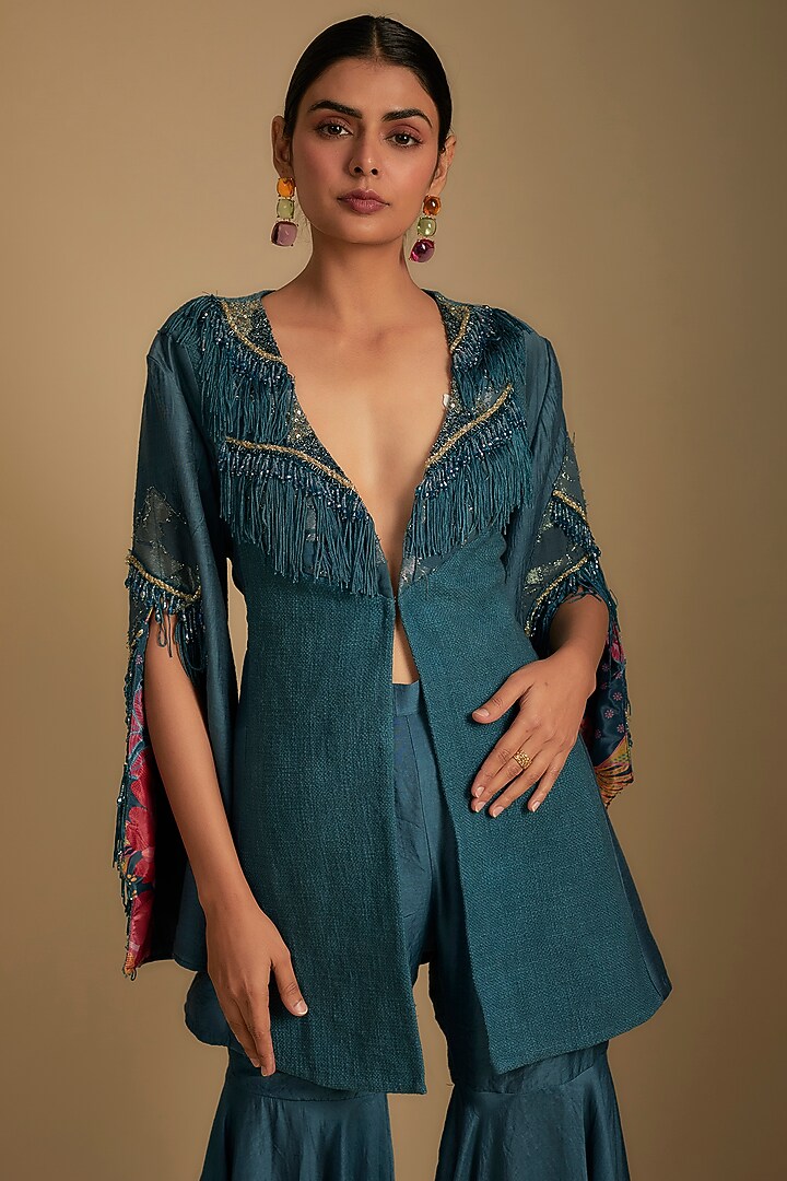 Cyan Blue Linen Jute Crystal Embroidered Jacket Set by Rishi & Vibhuti at Pernia's Pop Up Shop